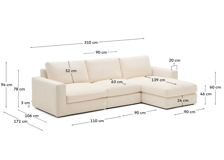 Modular sofa Alea 4-seater with right chaise longue 310 cm - sizes