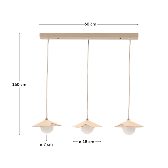 Wilara oak veneer ceiling lamp with 3 white smoked glass balls - sizes