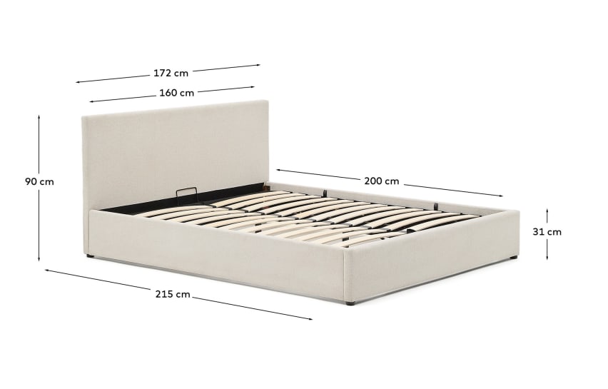 Nahiri beige chenille bed with storage base for 160 x 200cm mattress - sizes
