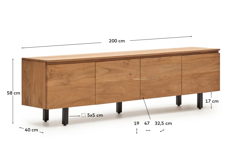 Uxue 4-door TV stand in solid acacia wood with bleached finish 200 x 58cm - sizes