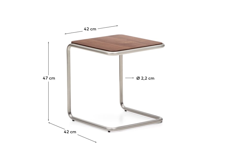 Tarsel side table in FSC 100% walnut veneer with brushed stainless steel structure 42 x 47cm - sizes