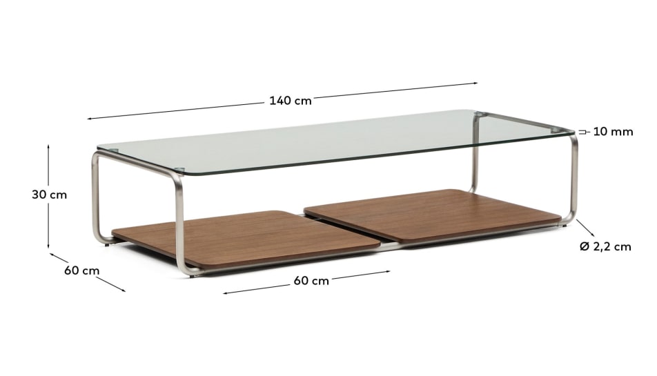 Tarsel coffee table in tempered glass with FSC 100% walnut veneer tray with brushed stainless steel structure 140 x 60cm - sizes
