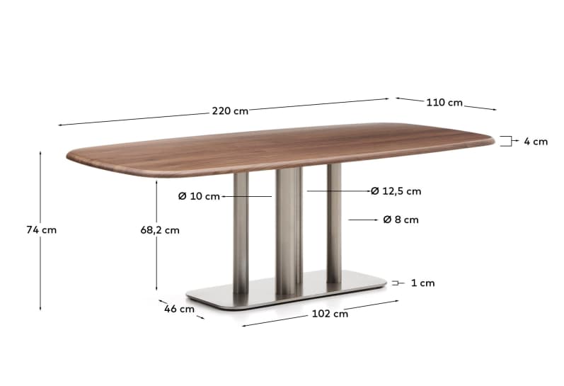 Melvar table made from walnut veneer and legs with brushed stainless steel base 220 x 110cm - sizes