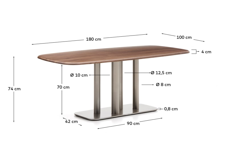 Melvar table made from walnut veneer and legs with brushed stainless steel base 180 x 100cm - sizes