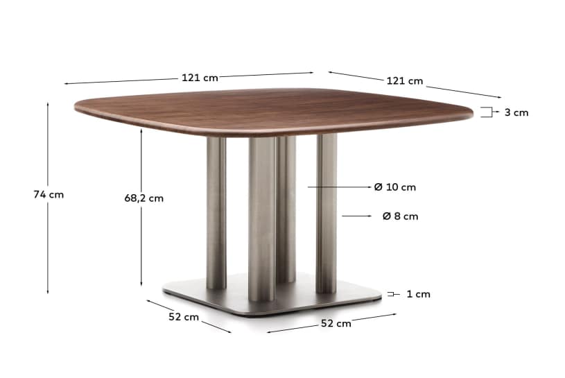 Melvar table made from walnut veneer and legs with brushed stainless steel base 121 x 121cm - sizes