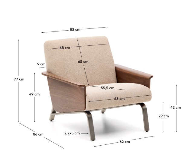 Amsen light brown armchair in walnut plywood with legs in brushed stainless steel FSC 100% - sizes