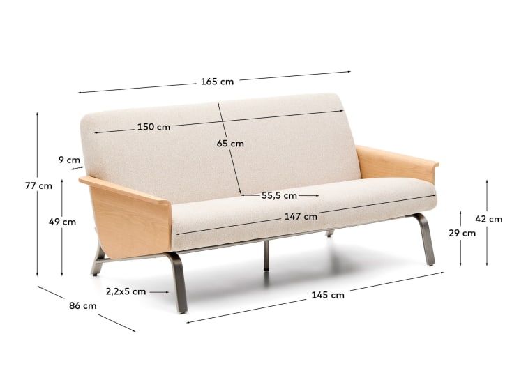 Amsen beige 2-seater sofa in oak plywood with brushed stainless steel legs 150cm FSC 100% - sizes
