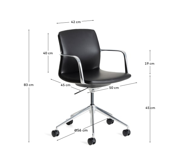 Nerlan desk chair in black faux leather with aluminium frame - sizes
