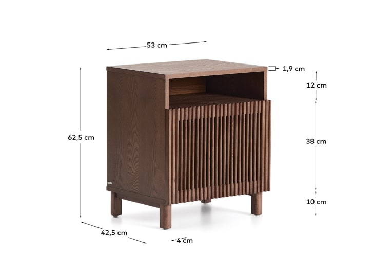 Beyla bedside table in ash veneer and solid ash wood with walnut finish 53 x 62.5cm FSC 100% - sizes