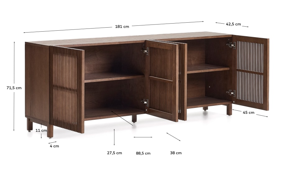Beyla sideboard in ash veneer and solid ash wood with walnut finish 181 x 71.5cm FSC 100% - sizes