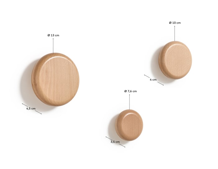 Nadue set of 3 solid beech wood wall hooks with a natural finish - sizes