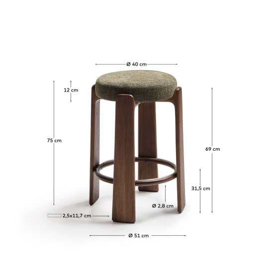 Granite fire-retardant stool in green chenille and solid ash wood with walnut-coloured finish FSC 100% 75cm - sizes