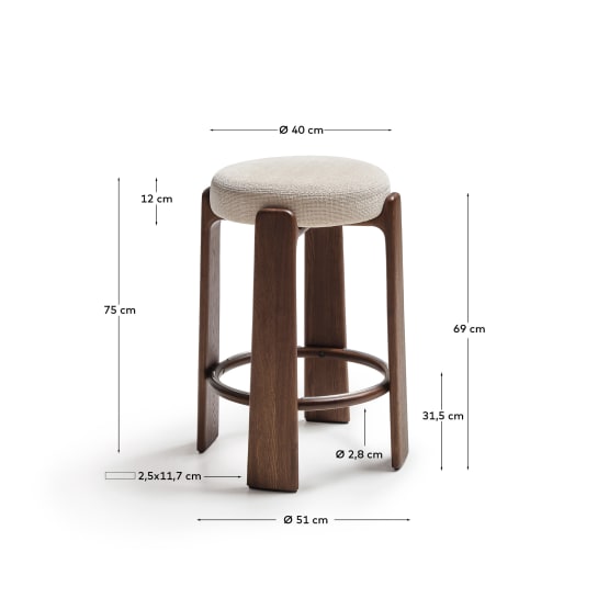 Granite fire-retardant stool in beige chenille and solid ash wood with walnut-coloured finish FSC 100% 75cm - sizes