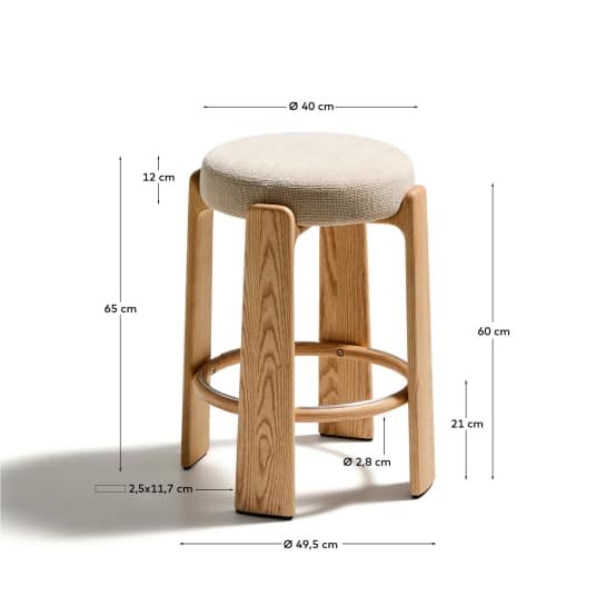 Granite fire-retardant stool in beige chenille and solid ash wood with natural-coloured finish FSC 100% 65cm - sizes