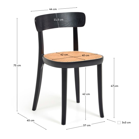 Romane chair in solid beech with black finish, ash veneer and rattan - sizes