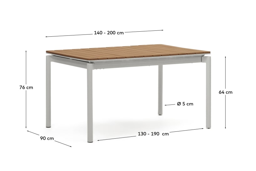 Canyelles outdoor extendable table in polywood and aluminium in light grey 140 (200) x 90cm - sizes