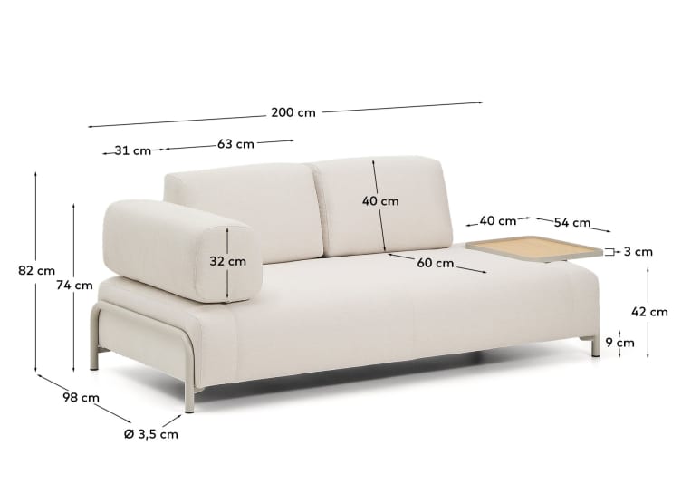 Compo 2-seater sofa in ecru chenille, large oak veneer tray table and beige metal frame 200 cm FSC Mix Credit - sizes