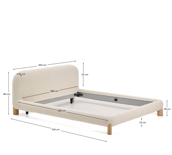 Odina ecru bouclé bed with removable cover and solid ash wood legs with natural finish for 180 x 200cm mattress - sizes