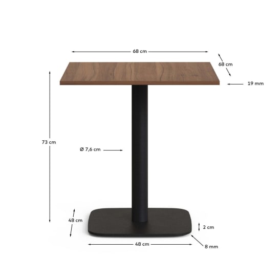 Dina table in walnut finish melamine with metal leg in a painted black finish, 70 x 70 x 70 cm - sizes