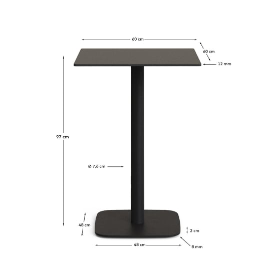 Dina high outdoor table in black with metal leg in a painted black finish, 60 x 60 x 96 cm - sizes