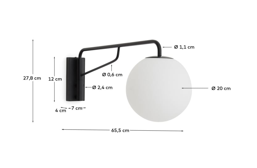 Eilo wall light in black steel with frosted glass globe - sizes