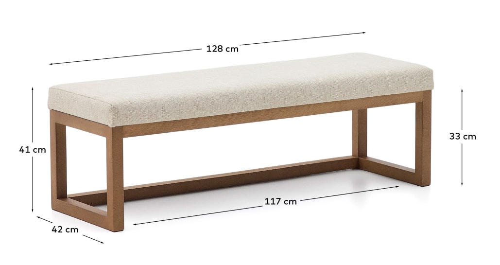 Loya bench in beige chenille and beech wood with walnut-coloured finish 128cm - sizes