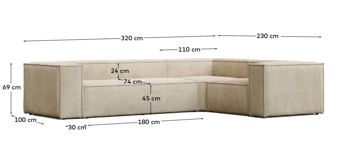 Blok fire-retardant 4-seater corner sofa in thick ecru corduroy 320x230/230x320cm FSC Mix Credit - sizes