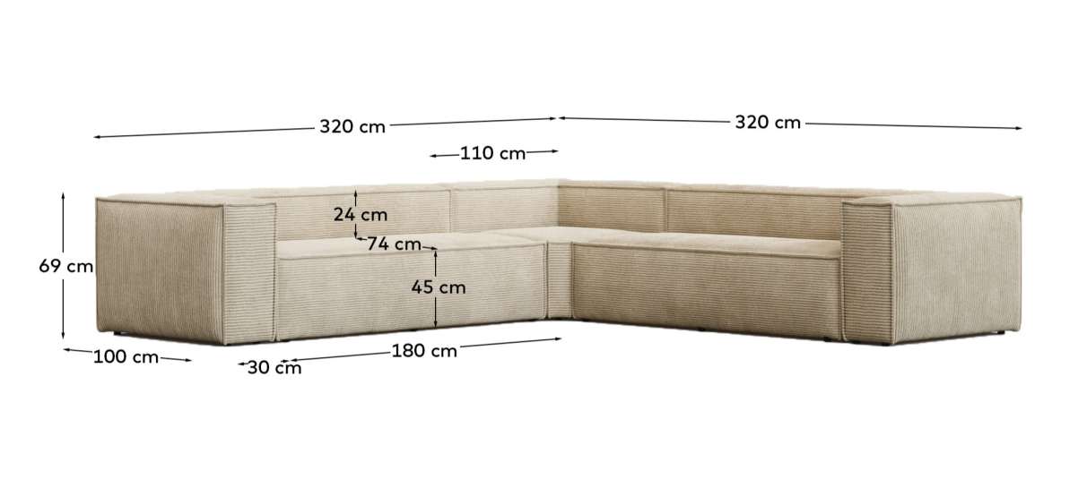 Blok fire-retardant 6-seater corner sofa in thick ecru corduroy 320x320cm FSC Mix Credit FR - sizes