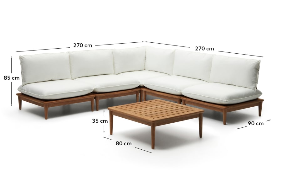 Portitxol set of 1 corner armchair, 4 modular armchairs and coffee table in solid teak - sizes