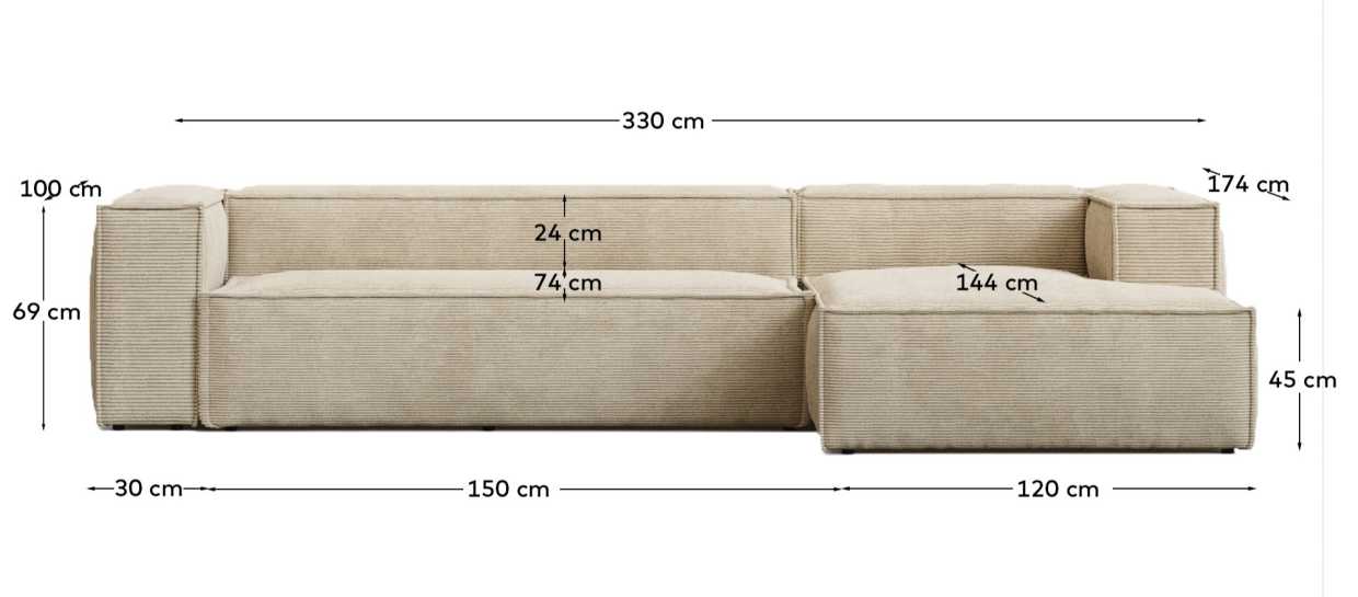 Blok fire-retardant 4-seater sofa with right chaise longue in thick ecru corduroy 330cm FSC Mix Credit - sizes
