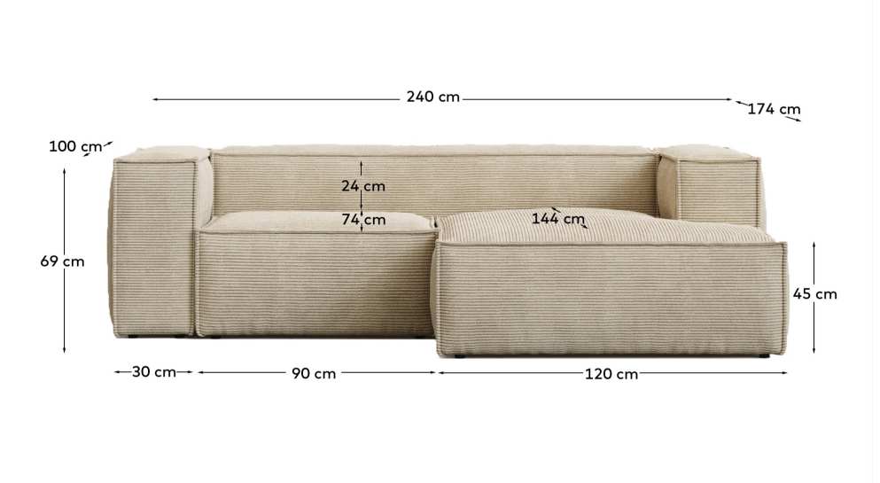 Blok fire-retardant 2-seater sofa with right chaise longue in thick ecru corduroy 240cm FSC Mix Credit - sizes