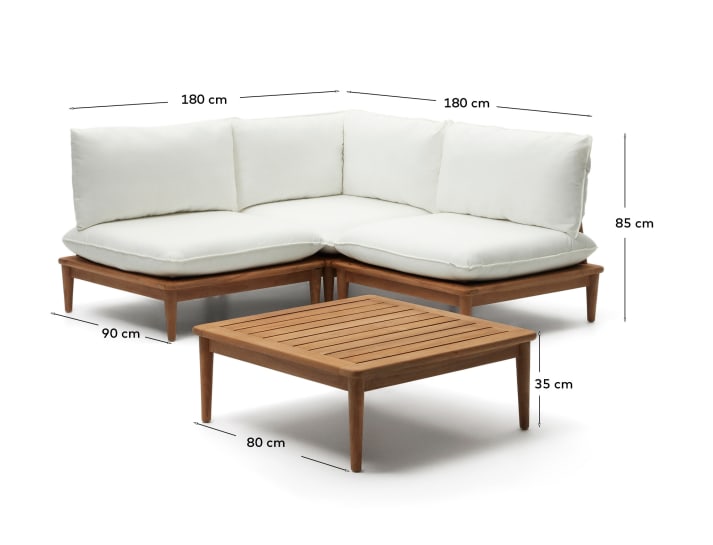 Portitxol set of 1 corner armchair, 2 modular armchairs and coffee table in solid teak - sizes