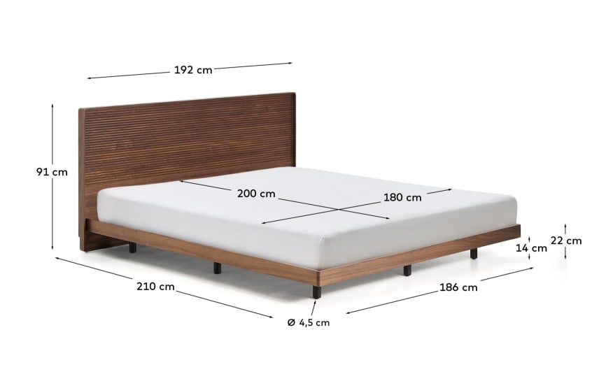 Norlen bed in walnut veneer with dark finish and LED light for 180 x 200cm mattress FSC 100% - sizes