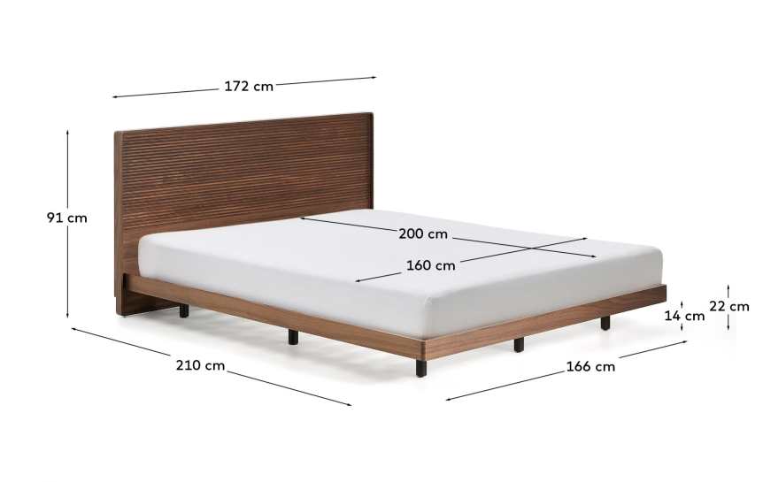 Norlen bed in walnut veneer with dark finish and LED light for 160 x 200cm mattress FSC Mix Credit UK adapter - sizes