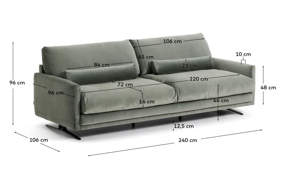 Veliro green velvet 3-seater sofa with black-finish steel legs 240cm FSC Mix Credit - sizes