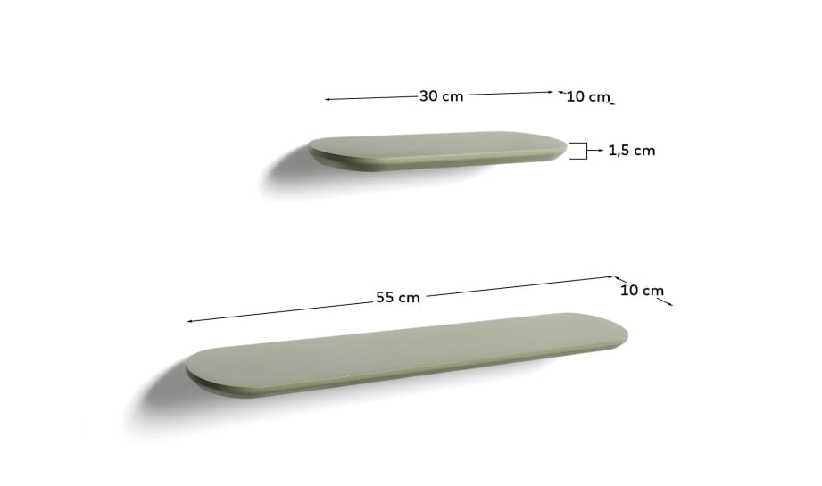 Arely set of 2 shelves in MDF with green lacquer finish 35 cm/55 cm - sizes