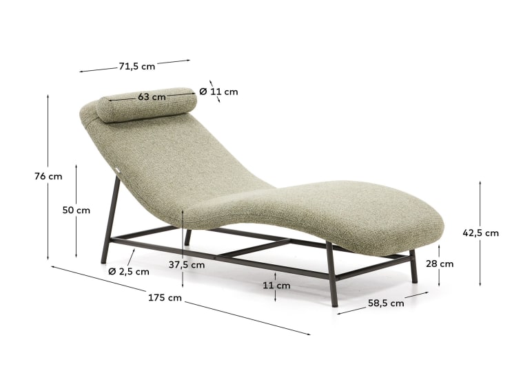 Osla divan in green chenille with brushed stainless steel legs 175 cm - sizes