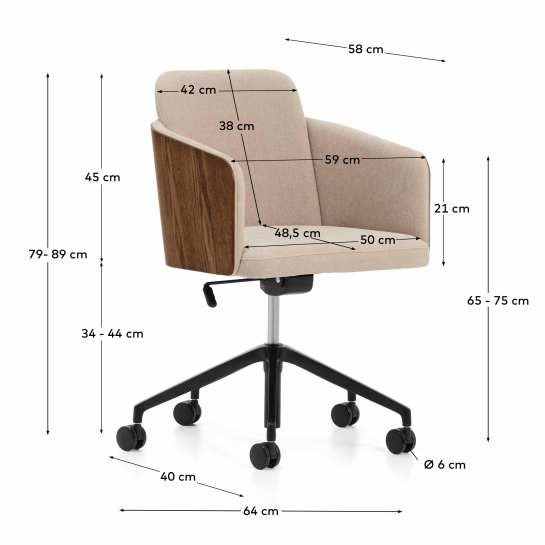 Madai desk chair in brown chenille and ash veneer with walnut finish FSC Mix Credit - sizes