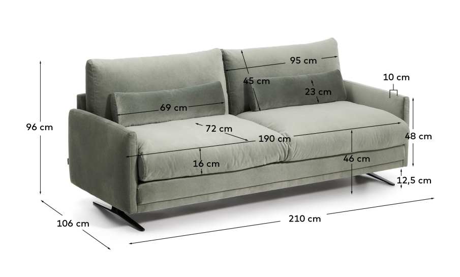 Veliro green velvet 2-seater sofa with steel legs in black finish 210cm FSC Mix Credit - sizes