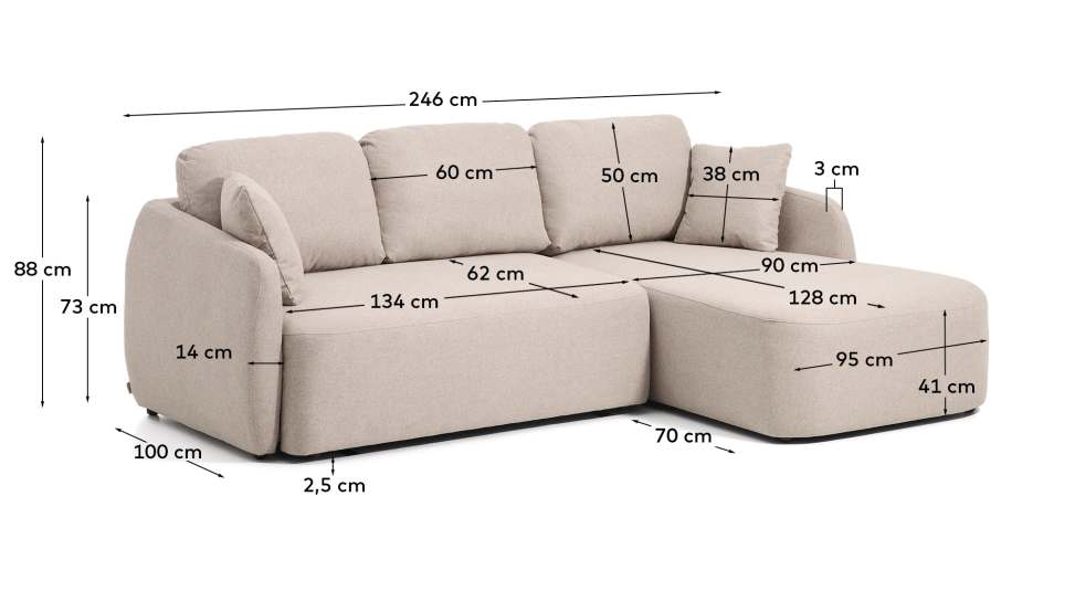 Laira 3-seater sofa bed with right chaise longue in beige chenille 246cm FSC Mix Credit - sizes