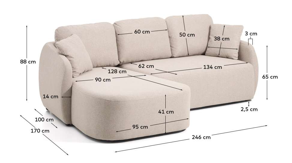 Laira 3-seater sofa bed with left chaise longue in beige chenille 246cm FSC Mix Credit - sizes