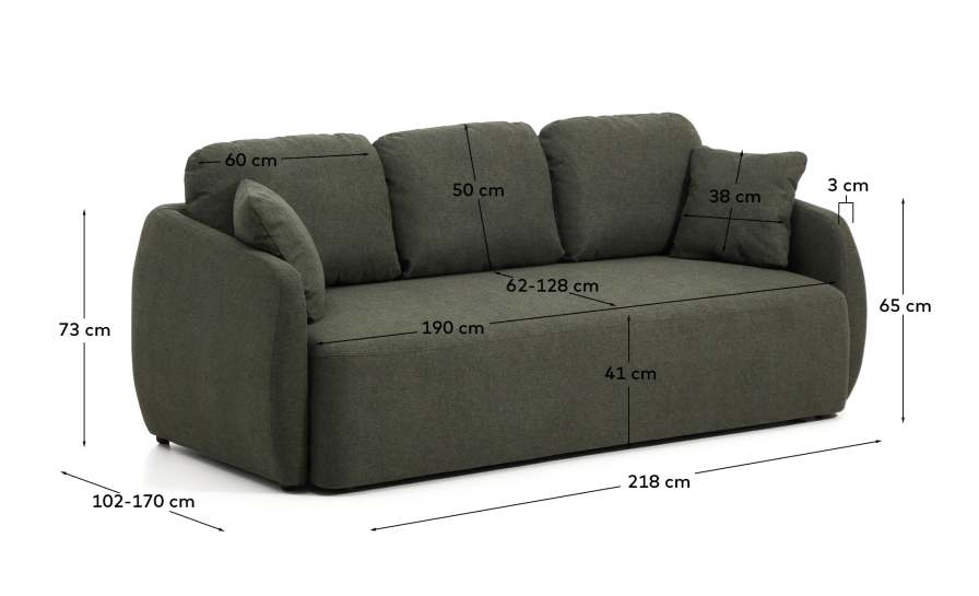 Laira 3-seater sofa bed in dark green chenille 218cm FSC Mix Credit - sizes