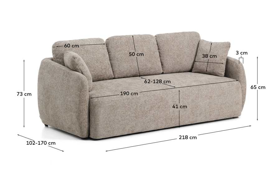 Laira 3-seater sofa bed in taupe chenille 218cm FSC Mix Credit - sizes