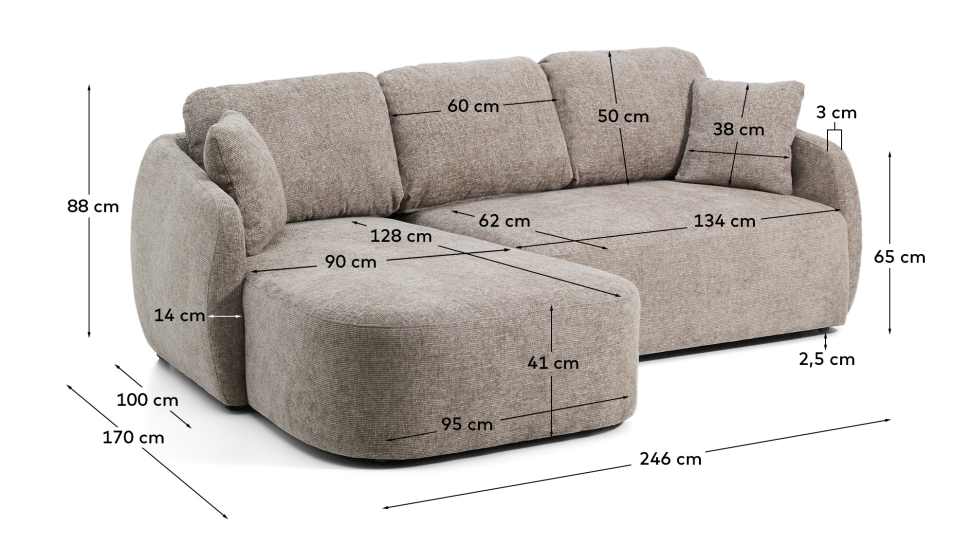 Laira 3-seater sofa bed with left chaise longue in taupe chenille 246cm FSC Mix Credit - sizes