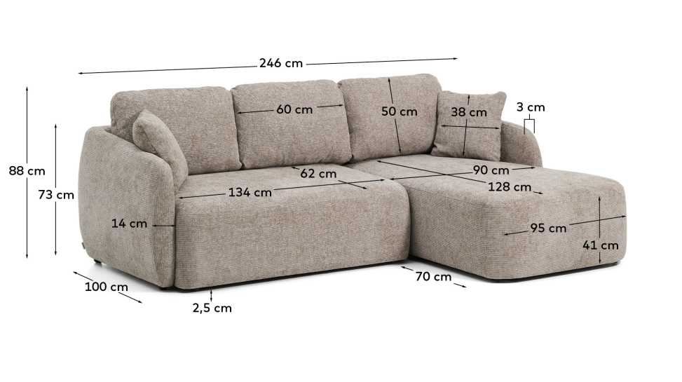 Laira 3-seater sofa bed with right chaise longue in taupe chenille 246cm FSC Mix Credit - sizes