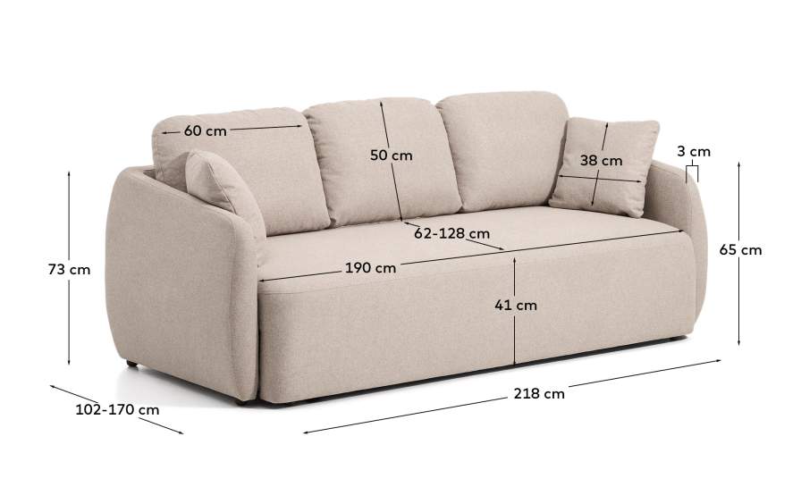 Laira 3-seater sofa bed in beige chenille 218cm FSC Mix Credit - sizes