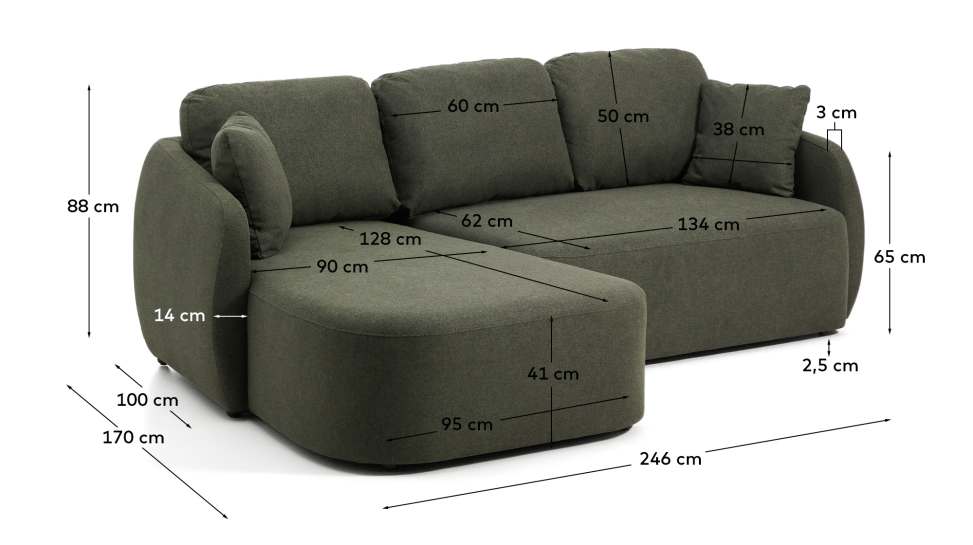 Laira 3-seater sofa bed with left chaise longue in dark green chenille 246cm FSC Mix Credit - sizes