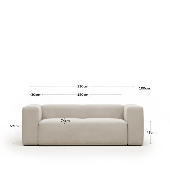 Blok fire-retardant 2-seater sofa in thick ecru corduroy 210cm FSC Mix Credit - sizes