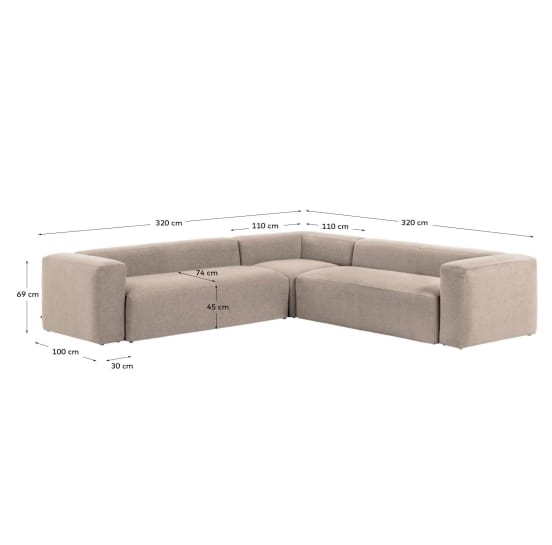 Blok fire-retardant 6-seater corner sofa in thick ecru corduroy 320x320cm FSC Mix Credit FR - sizes
