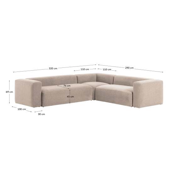 Blok fire-retardant 5-seater corner sofa in thick ecru corduroy 320x290/290x320cm FSC Mix Credit - sizes